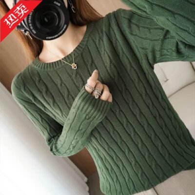 Suéter tejido retro slim fit de mujer cuello redondo