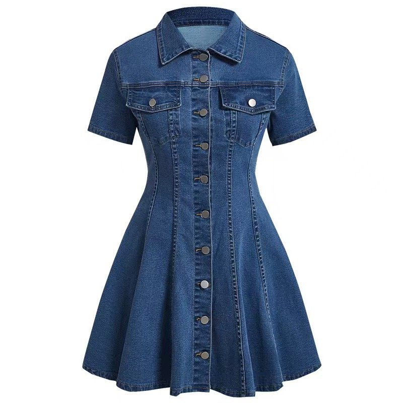 Vestido de mezclilla mujer manga corta con cinturón - Imagen 2