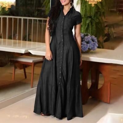 Vestido largo de mezclilla mujer con cuello camisero y bolsillos